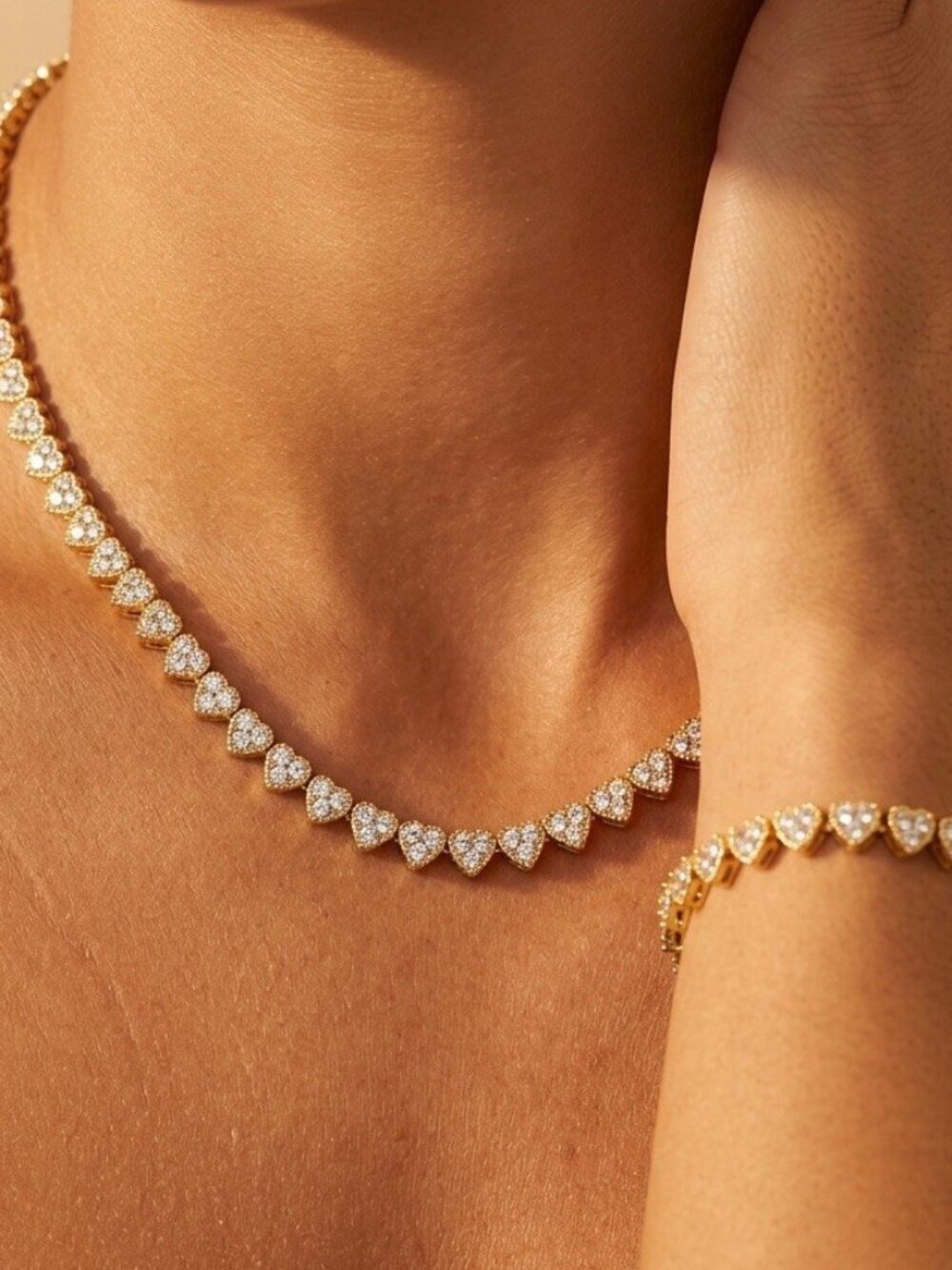 Gold Plated Heart Tennis Necklace Bracelet Set Stainless Steel CZ Womens Jewelry
